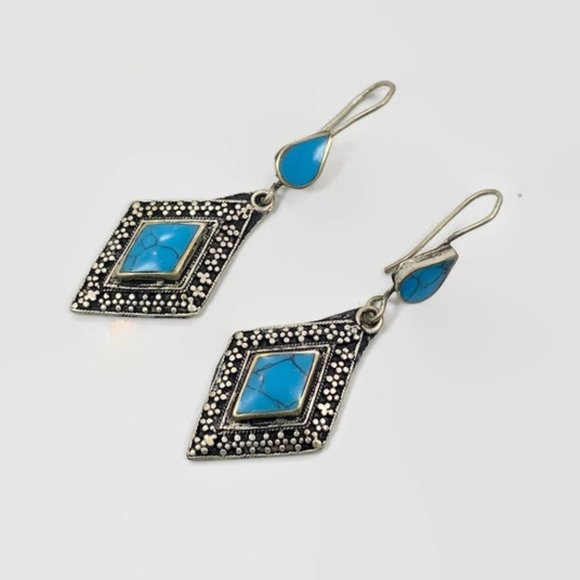 Turquoise Earrings, Silver Earrings, Afghan, Vintage, Middle Eastern, Boho - Picture 2 of 3